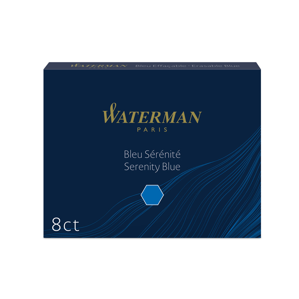 Boîte de 8 cartouches d'encre Waterman Bleu Sérénité, présentée sur un fond blanc. Ces cartouches sont conçues pour offrir une encre fluide et de qualité, compatible avec les stylos plume Waterman, pour une expérience d'écriture élégante et durable.