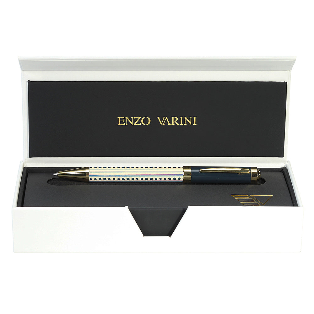 Stylo bille Enzo Varini Palazzo Maiolica avec fond laqué or, présenté dans son écrin blanc à intérieur noir sur fond blanc.