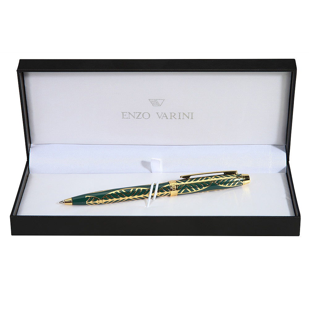 Stylo bille Enzo Varini Taormina XL Gioiello Vert Sapin et Doré dans son écrin noir à intérieur blanc sur fond blanc.