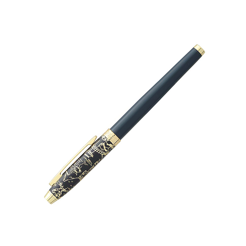 Stylo Roller Taormina Gardens Japan Bleu Mat & Or à 45° fermé sur fond blanc, angle 2.
