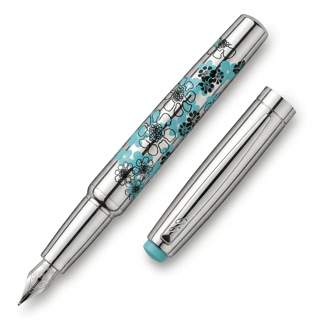 Stylo plume Hechter Paris HELIOS chromé fleurs turquoise SD100131A ouvert, plume vers le bas à gauche et capuchon parallèle sur fond blanc