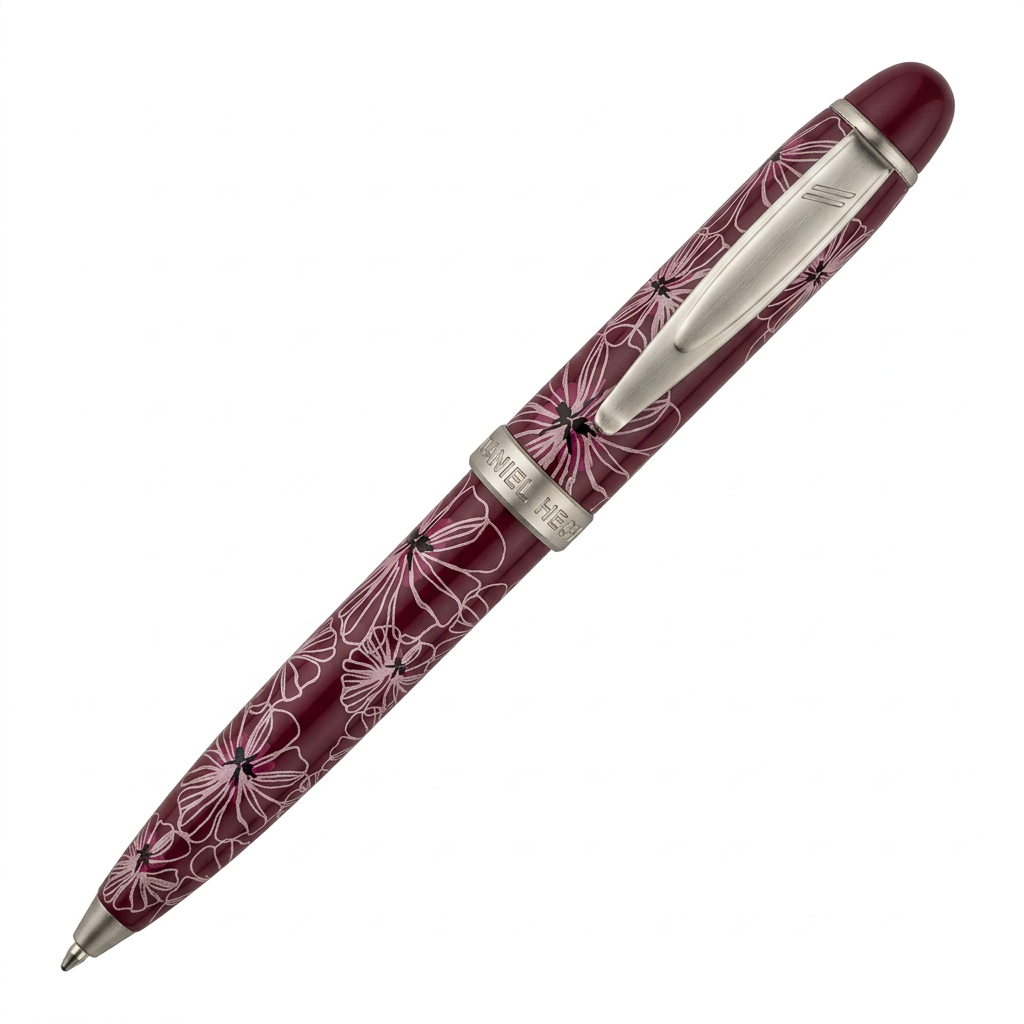 Stylo bille Hechter Paris Mini Alliance Fleurs bordeaux SD270040A sur fond blanc à 45 degrés