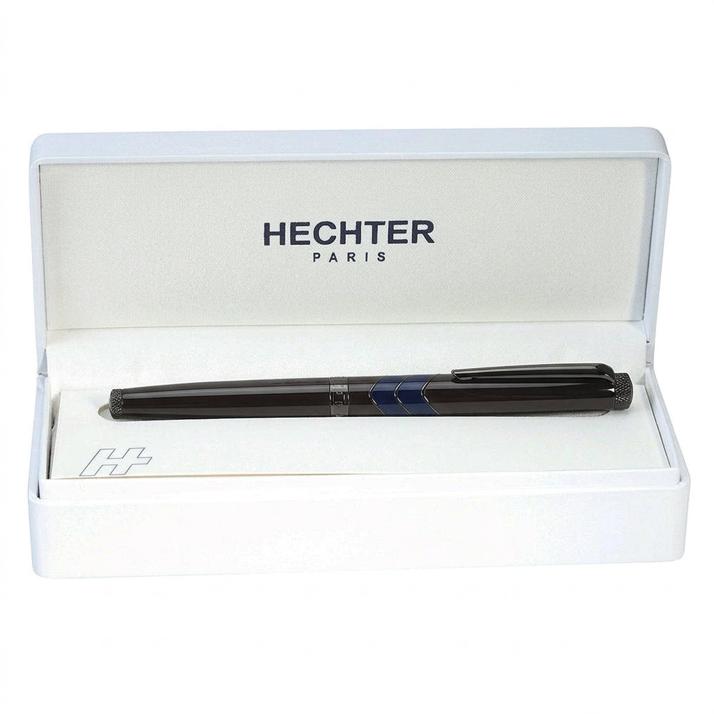 Stylo roller Hechter Paris Ring Aston laqué chocolat à bagues bleues SD253012A fermé dans un écrin blanc Hechter Paris
