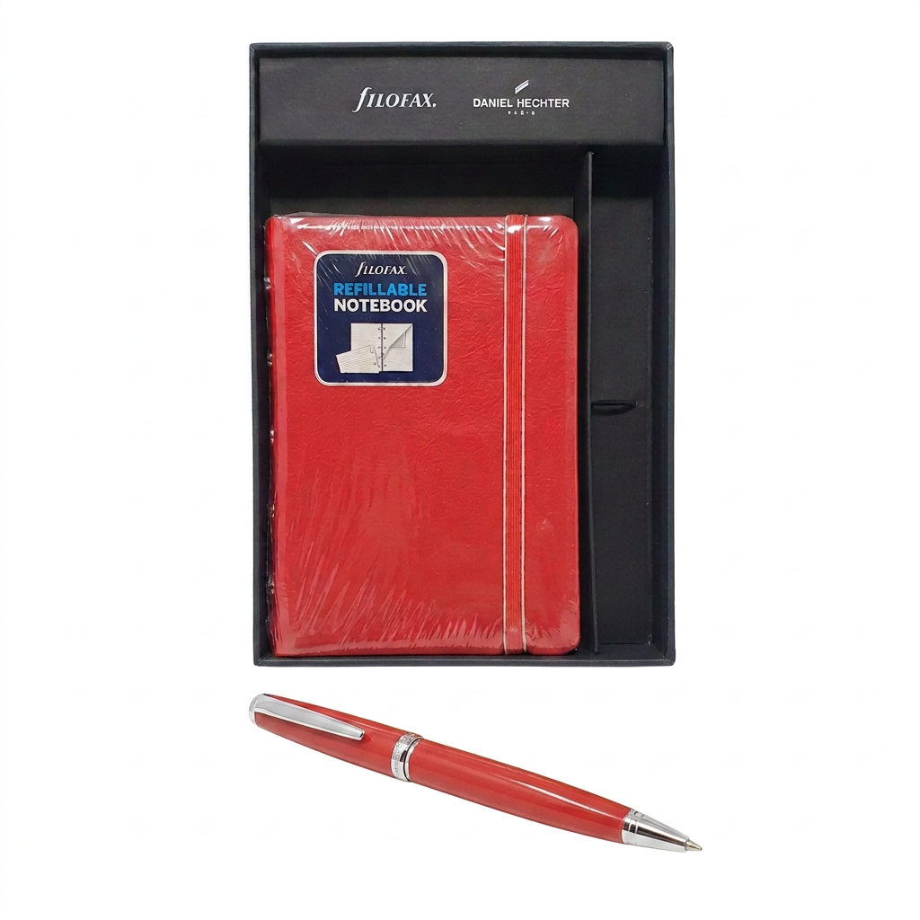Carnet Filofax A6 rouge en coffret avec stylo bille Daniel Hechter Challenger devant sur fond blanc, FH11502EC