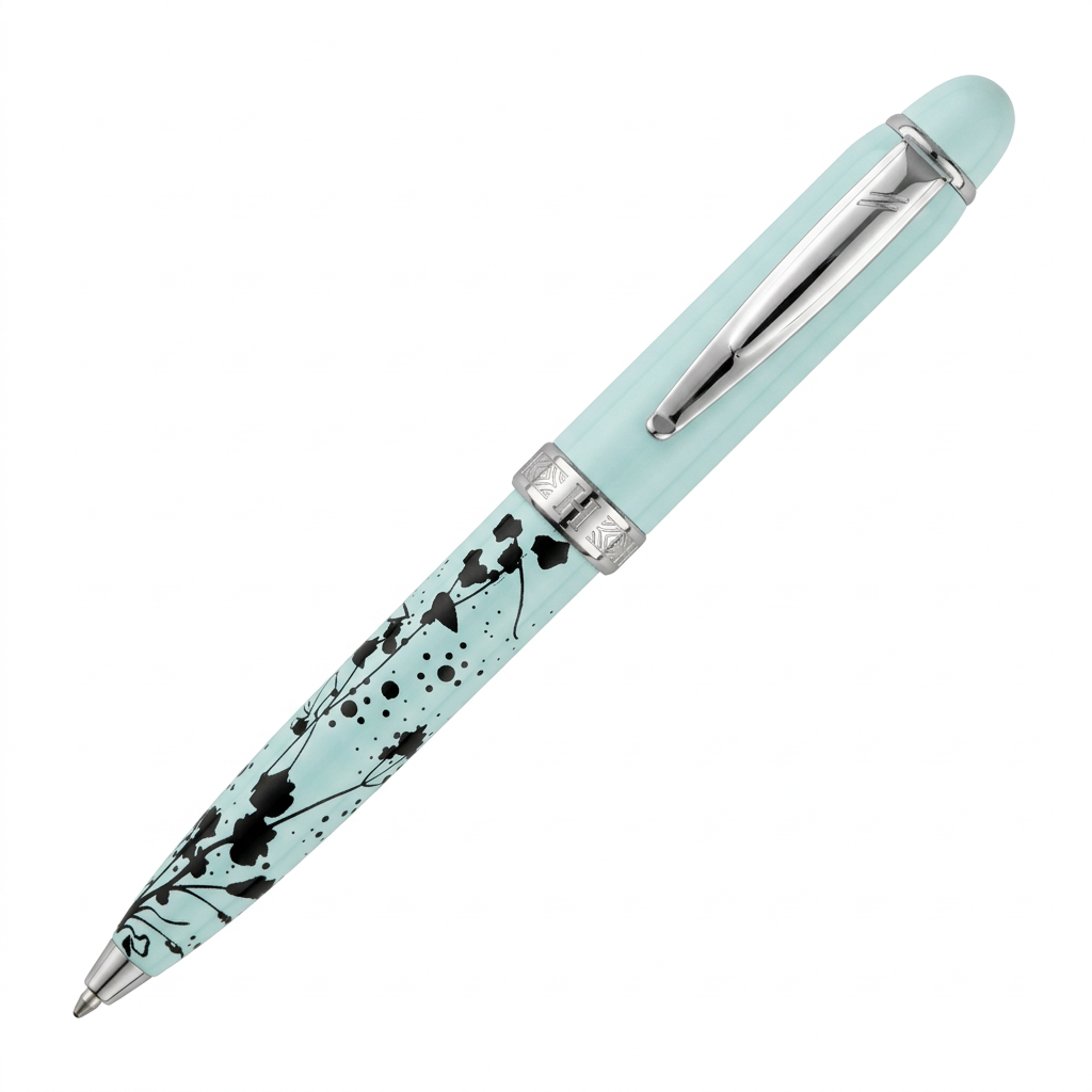 Stylo bille Hechter Paris Mini Alliance Fleurs turquoise SD270033A sur fond blanc à 45 degrés