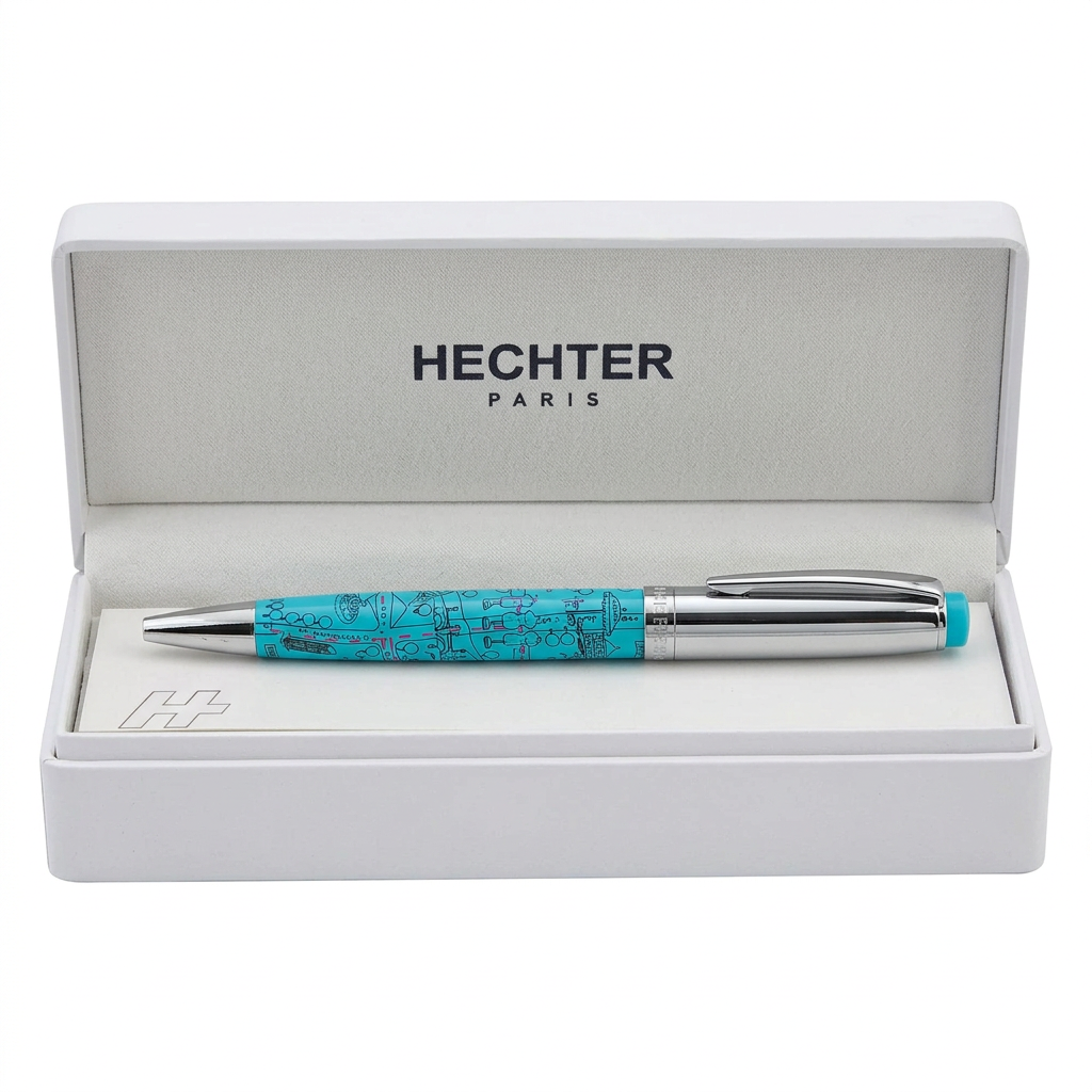Stylo bille Hechter Paris HELIOS turquoise à motifs de monuments de Paris dans un écrin blanc ouvert