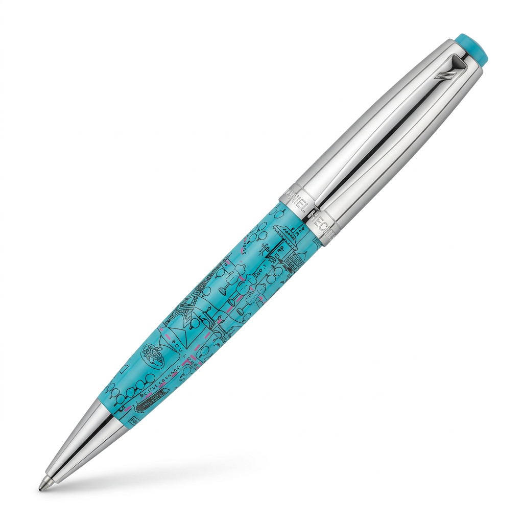 Stylo bille Hechter Paris HELIOS turquoise à motifs de monuments de Paris sur fond blanc
