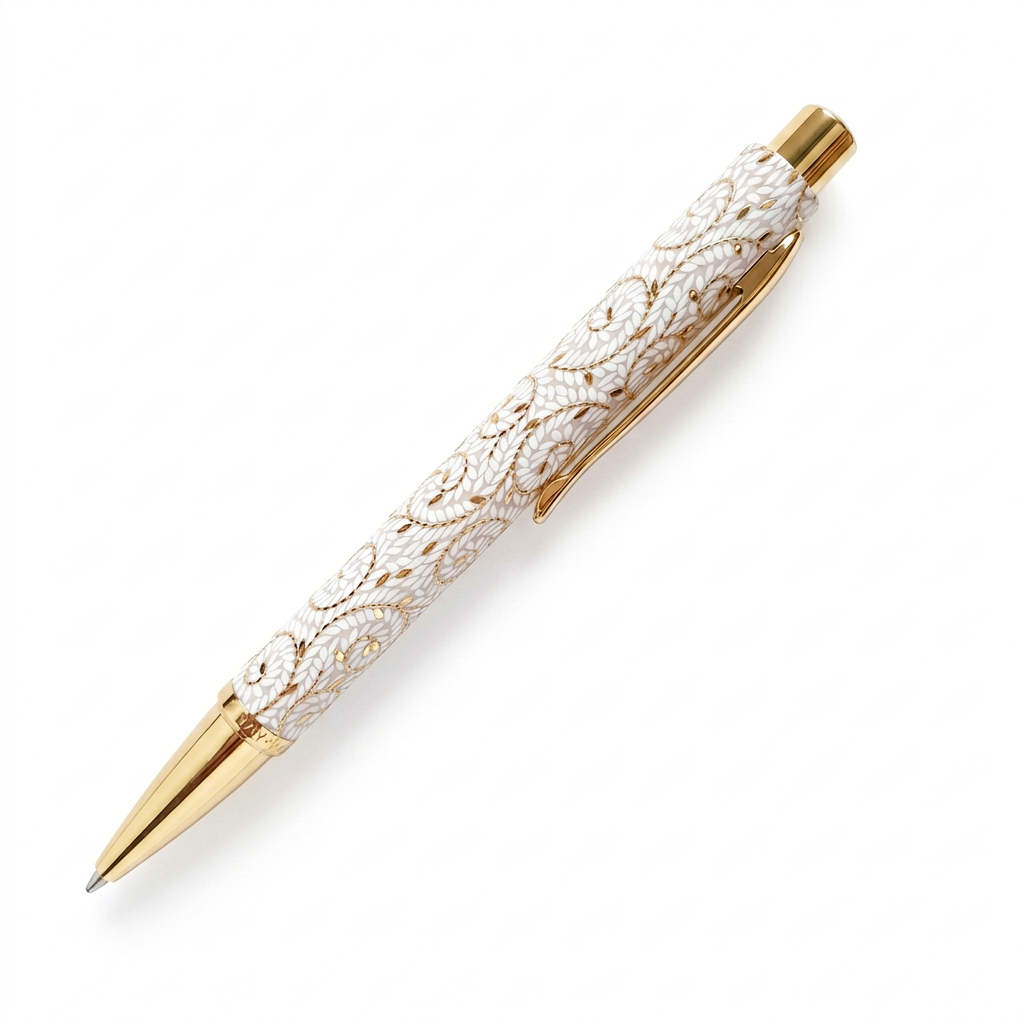 Stylo bille Enzo Varini Plumo Doria blanc et doré, barrette de côté sur fond blanc