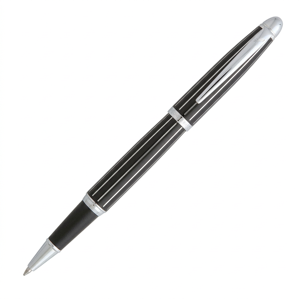 Stylo roller Hechter Paris Alliance noir SD363131 ouvert, lignes chromées espacées sur fond blanc