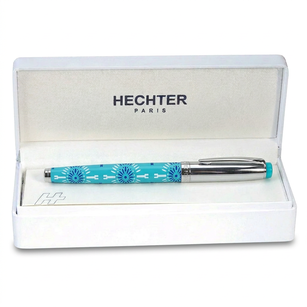 Stylo plume Hechter Paris HELIOS turquoise bleu blanc SD100132A dans un écrin blanc ouvert