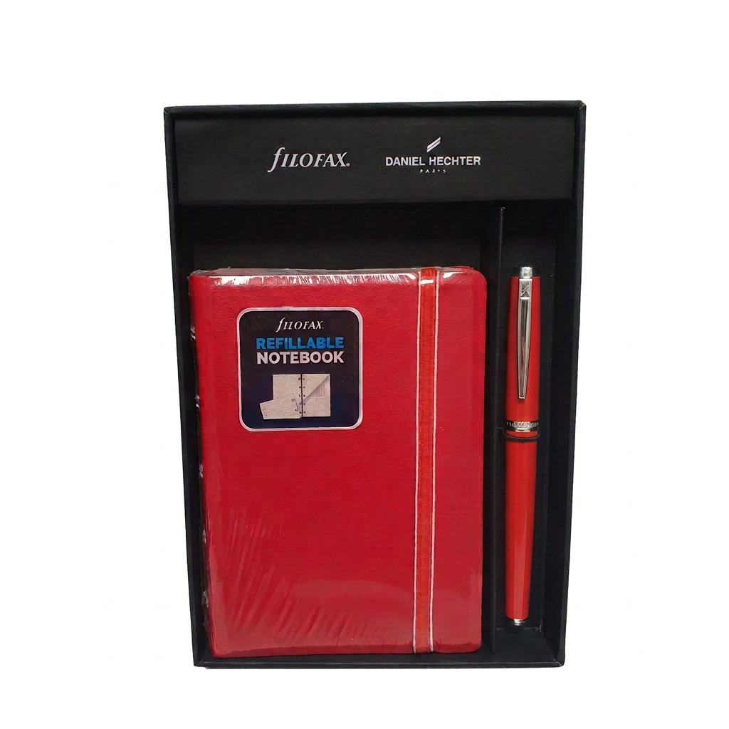 Coffret FH115004EC carnet Filofax A6 et roller Daniel Hechter Challenger rouge éclairci, recentré et barrette droite sur fond blanc