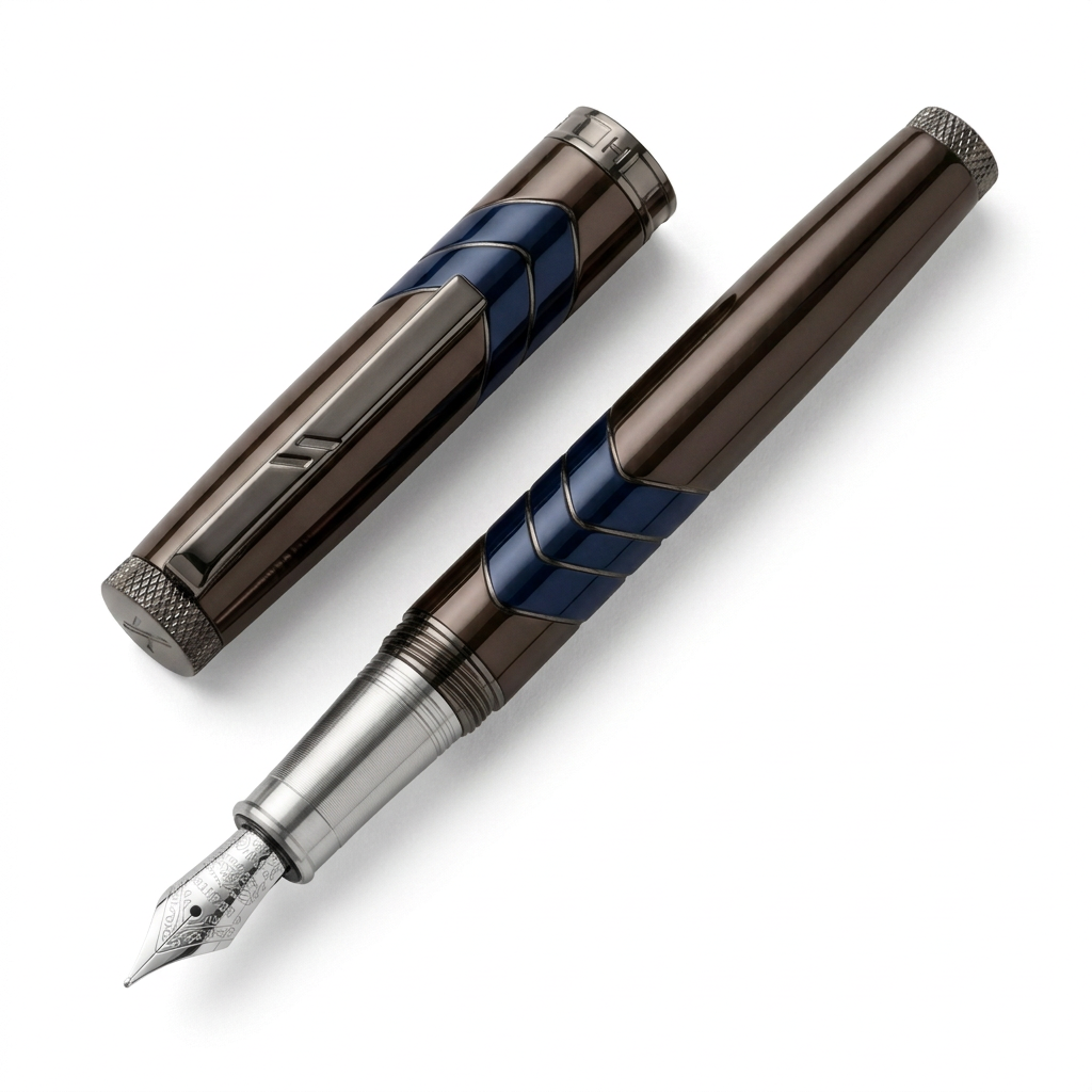Stylo plume Hechter Paris Ring Aston laqué chocolat à bagues bleues SD227012A ouvert avec capuchon à côté sur fond blanc