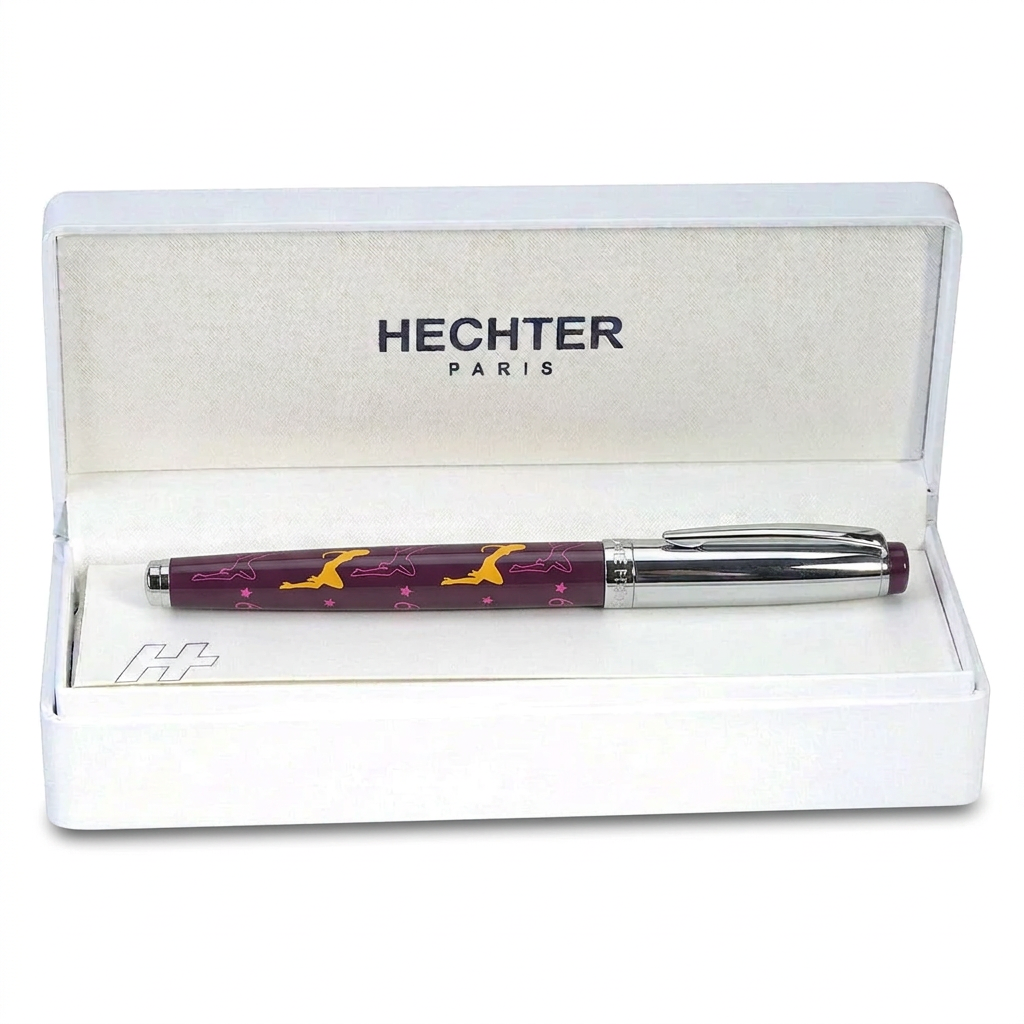 Stylo plume Hechter Paris HELIOS Women violet chromé SD100133A dans un écrin blanc ouvert