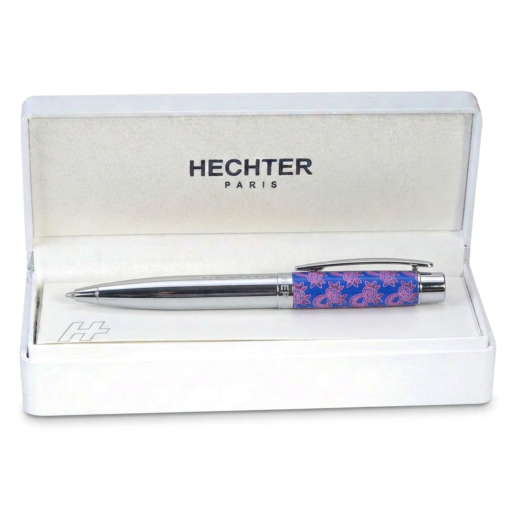 Hechter Paris Stylo Bille Mini Arty Bleu Motifs Cachemire Roses et Chromé