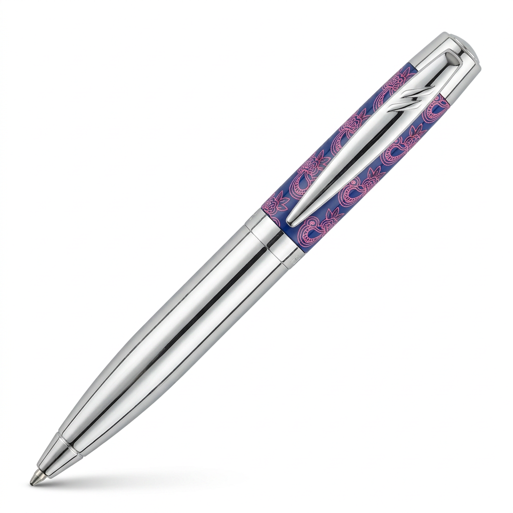 Hechter Paris Stylo Bille Mini Arty Bleu Motifs Cachemire Roses et Chromé