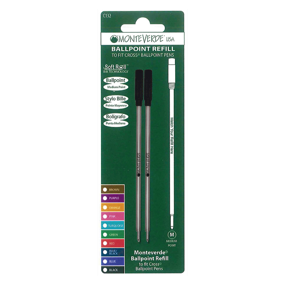 Recharge Monteverde compatible pour stylo bille Cross Bleu Moyenne (2 recharges), présentée sous blister de face sur fond blanc.