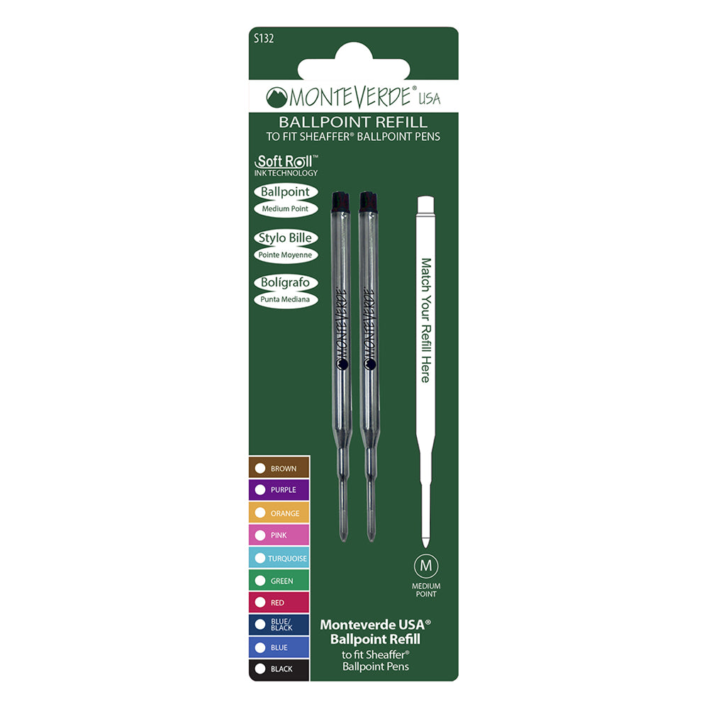 Recharge Monteverde compatible pour stylo bille Sheaffer Bleu Moyenne (deux recharges), présentée sous blister de face sur fond blanc.