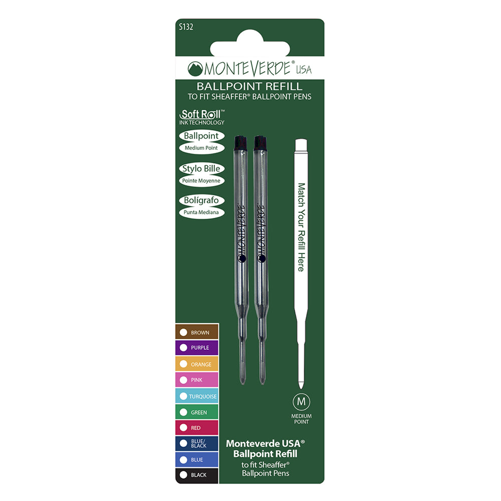 Recharge Monteverde compatible pour stylo bille Sheaffer Noir Moyenne (deux recharges), présentée sous blister de face sur fond blanc.