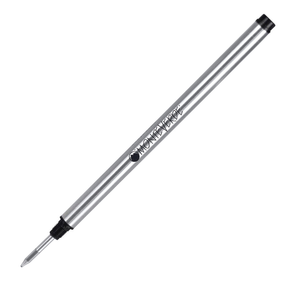 Une recharge Monteverde compatible Montblanc noir à 45° sur fond blanc.