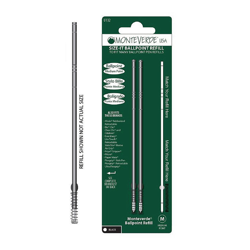 Recharge Monteverde universelle adaptable pour stylo bille noir, présentée sous blister contenant deux recharges de face sur fond blanc.
