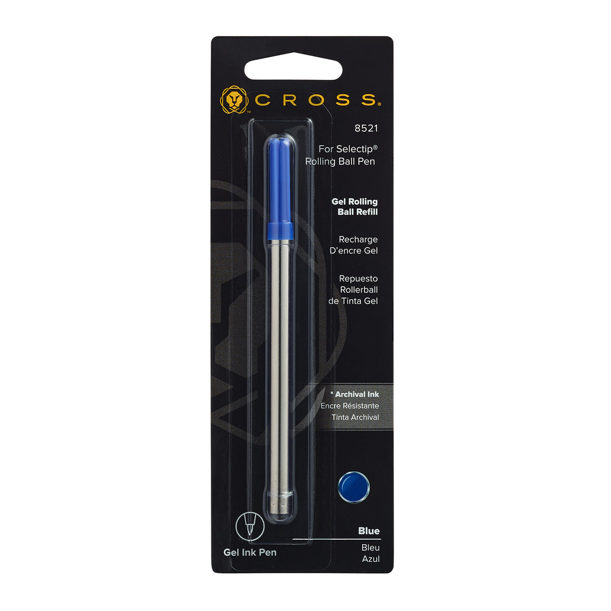Recharge Roller Gel Cross, couleur bleue, vue de face sur fond blanc.