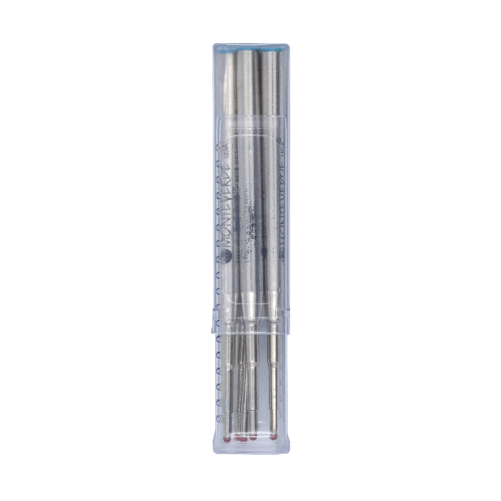 Pack de 12 recharges bille bleues moyennes Monteverde, compatibles Montblanc, sur fond blanc.