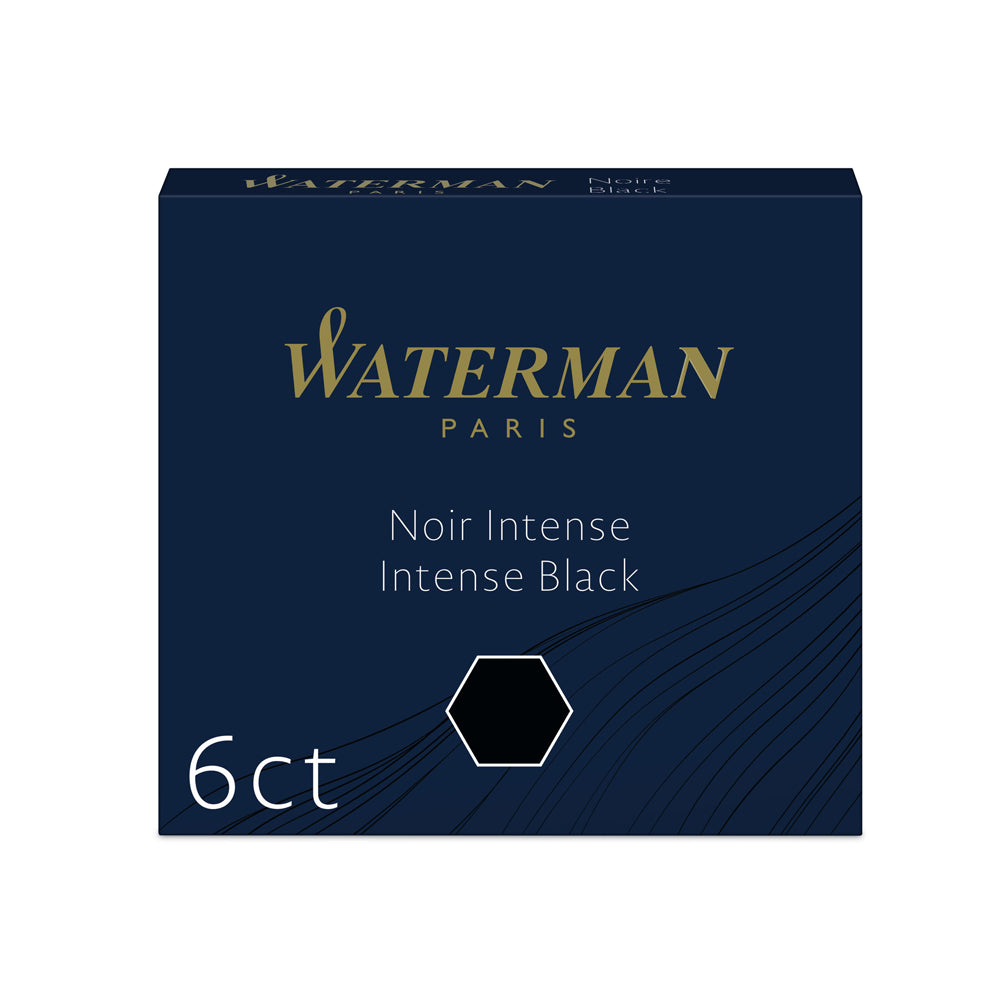 Boîte de 6 cartouches d'encre Waterman Noir Intense, présentée sur un fond blanc. Conçues pour les stylos plume Waterman, ces cartouches offrent une encre noir intense et fluide.