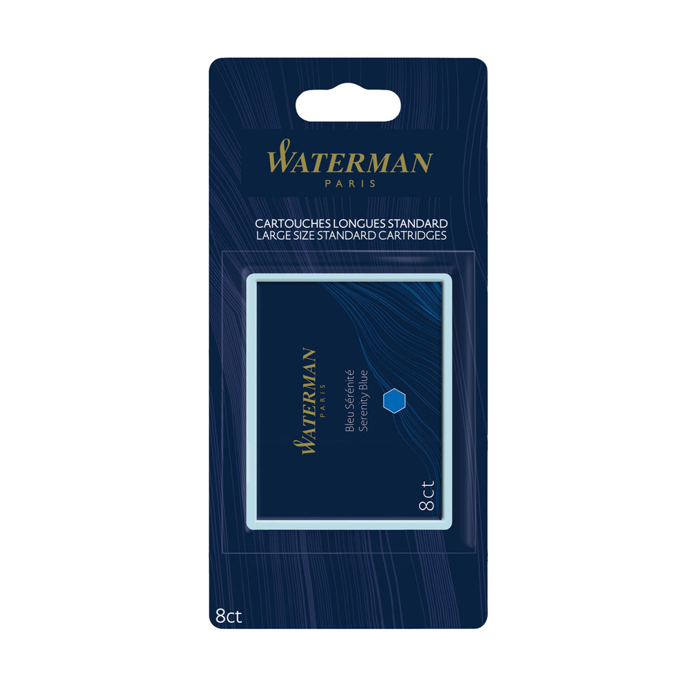 Boîte de 8 cartouches d'encre Waterman Bleu Sérénité sous blister, présentée sur un fond blanc. 