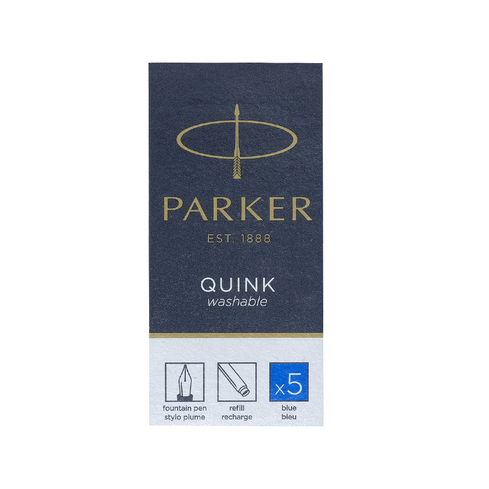 Cartouche d'encre Parker QUINK de couleur bleue, présentée sur un fond blanc. Conçue pour les stylos plumes Parker, cette cartouche offre une encre fluide et de haute qualité pour une expérience d'écriture durable.