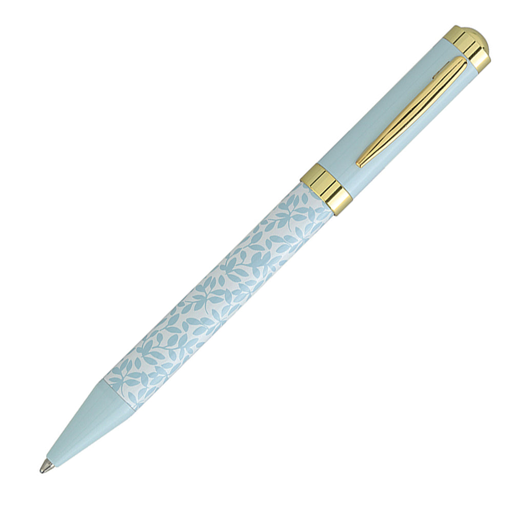 Stylo bille Enzo Varini Palazzo Maiolica, fond blanc avec motif bleu, vu à un angle de 45° présenté dans un fond blanc.
