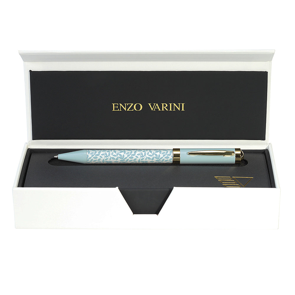Stylo bille Enzo Varini Palazzo Maiolica, fond blanc avec motif bleu, dans son écrin blanc à intérieur noir.