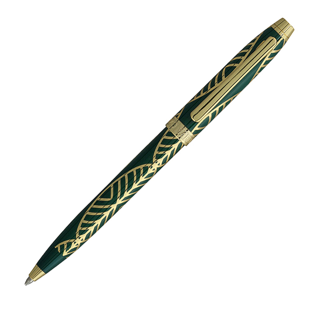 Stylo bille Enzo Varini Taormina XL Gioiello Vert Sapin et Doré, vue à 45° sur fond blanc.
