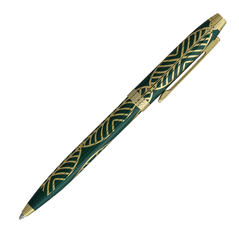 Stylo bille Enzo Varini Taormina XL Gioiello Vert Sapin et Doré, deuxième vue à 45° sur fond blanc.