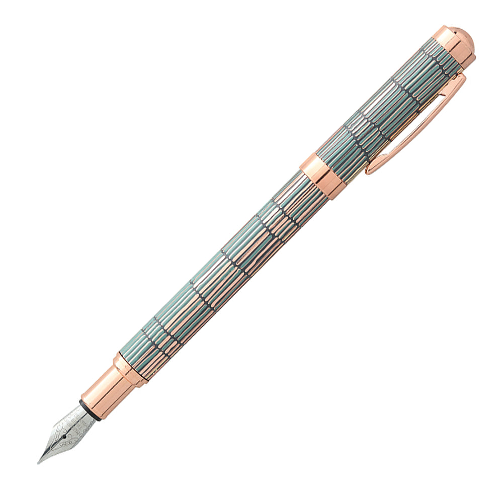 Stylo plume Enzo Varini Palazzo Tiles cuivre reflet bleu, ouvert, vue à 45°.