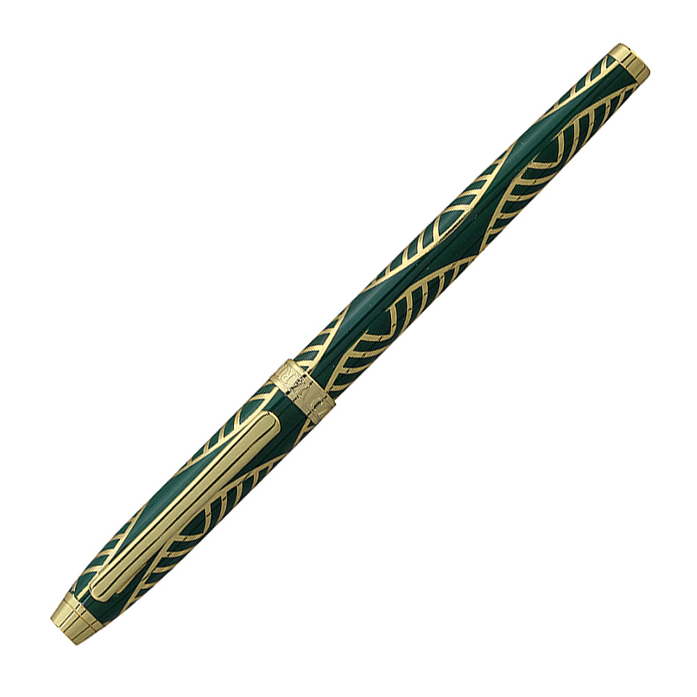 Stylo plume Enzo Varini Taormina XL Gioiello vert sapin/doré, fermé, vue à 45° sur fond blanc.