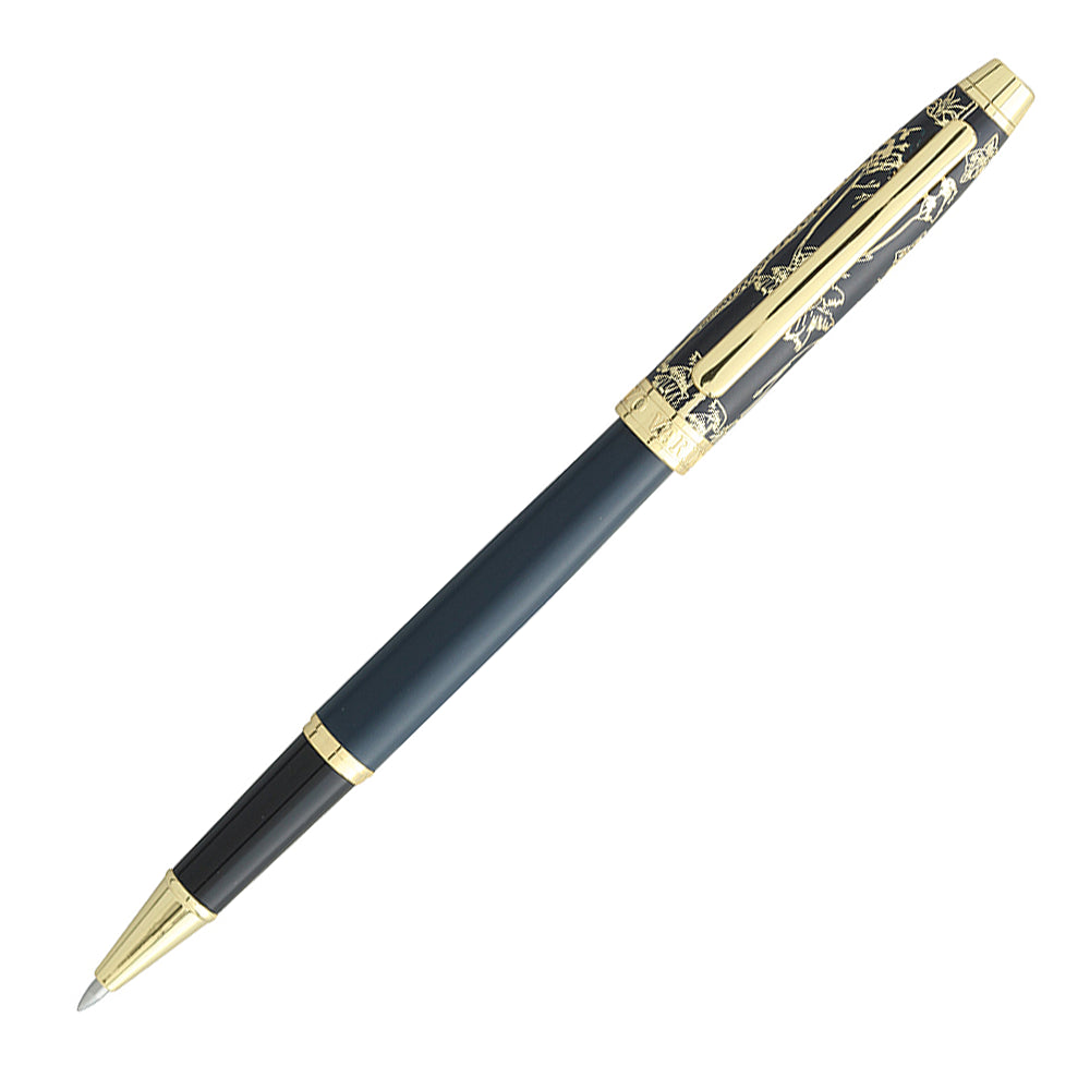 Stylo roller Enzo Varini Taormina Gardens India bleu, ouvert, vue à 45° sur fond blanc.