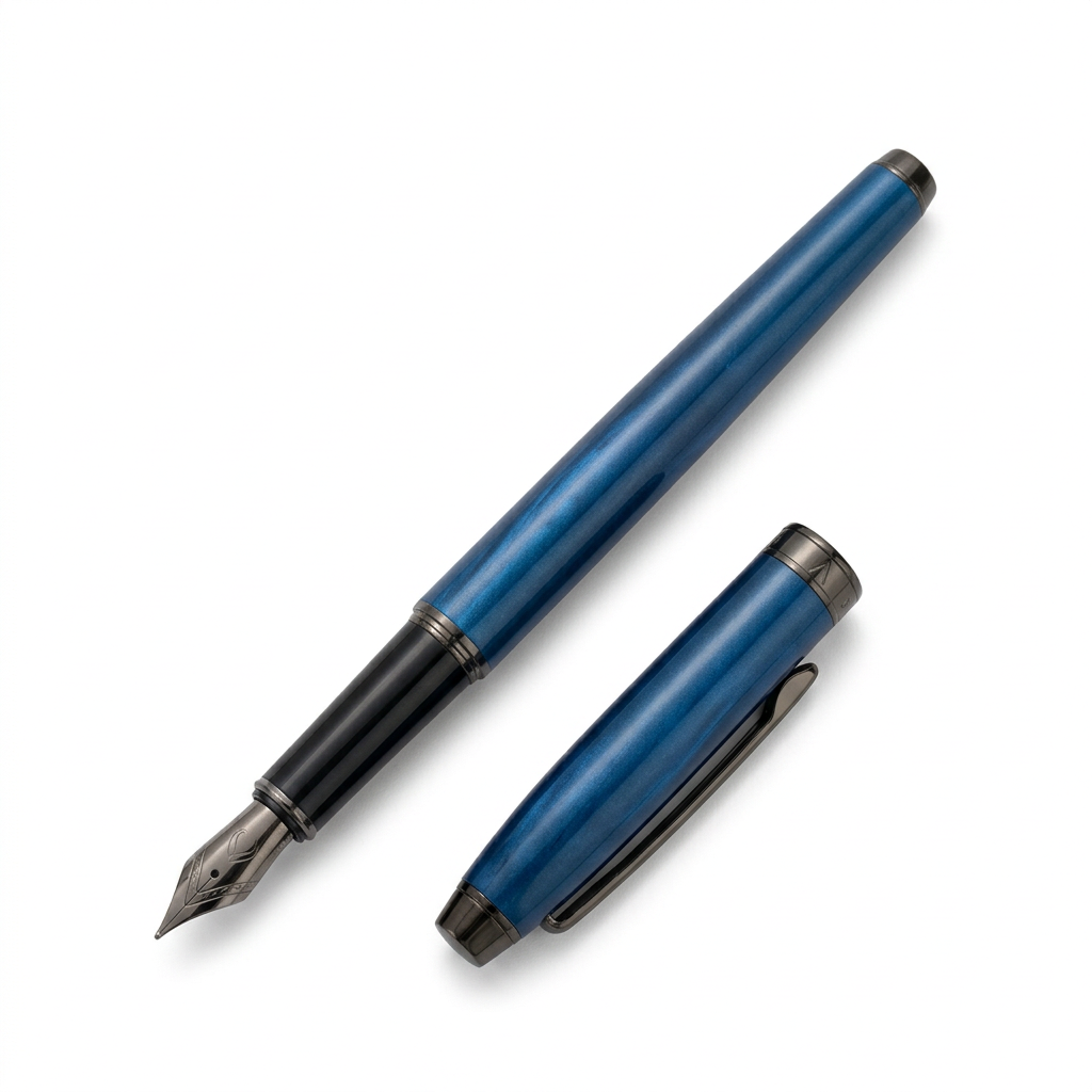 Stylo plume Enzo Varini Taormina XL irisé bleu ouvert avec son capuchon sur fond blanc