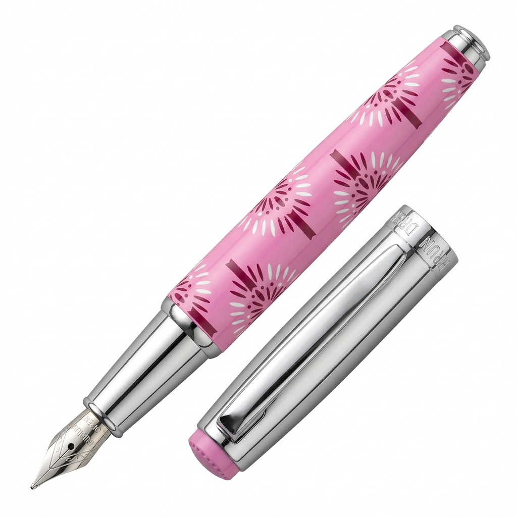 Stylo plume Hechter Paris HELIOS rose bordeaux blanc SD100128A ouvert avec capuchon à côté sur fond blanc