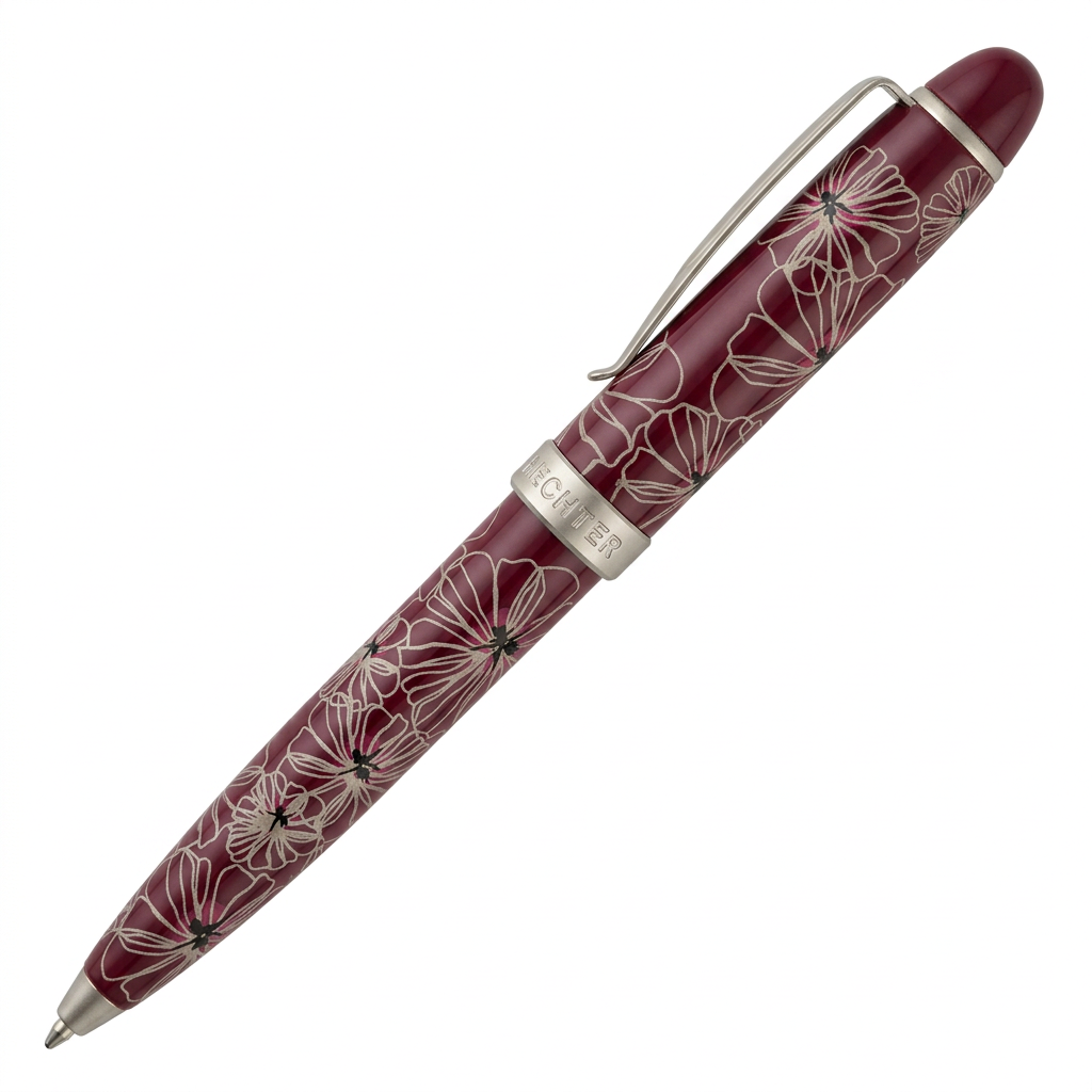 Stylo bille Hechter Paris Mini Alliance Fleurs bordeaux SD270040A, barrette vue de côté sur fond blanc