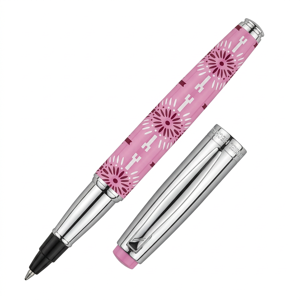 Roller à cartouches Hechter Paris HELIOS rose bordeaux blanc SD100127A ouvert, capuchon à côté, sur fond blanc
