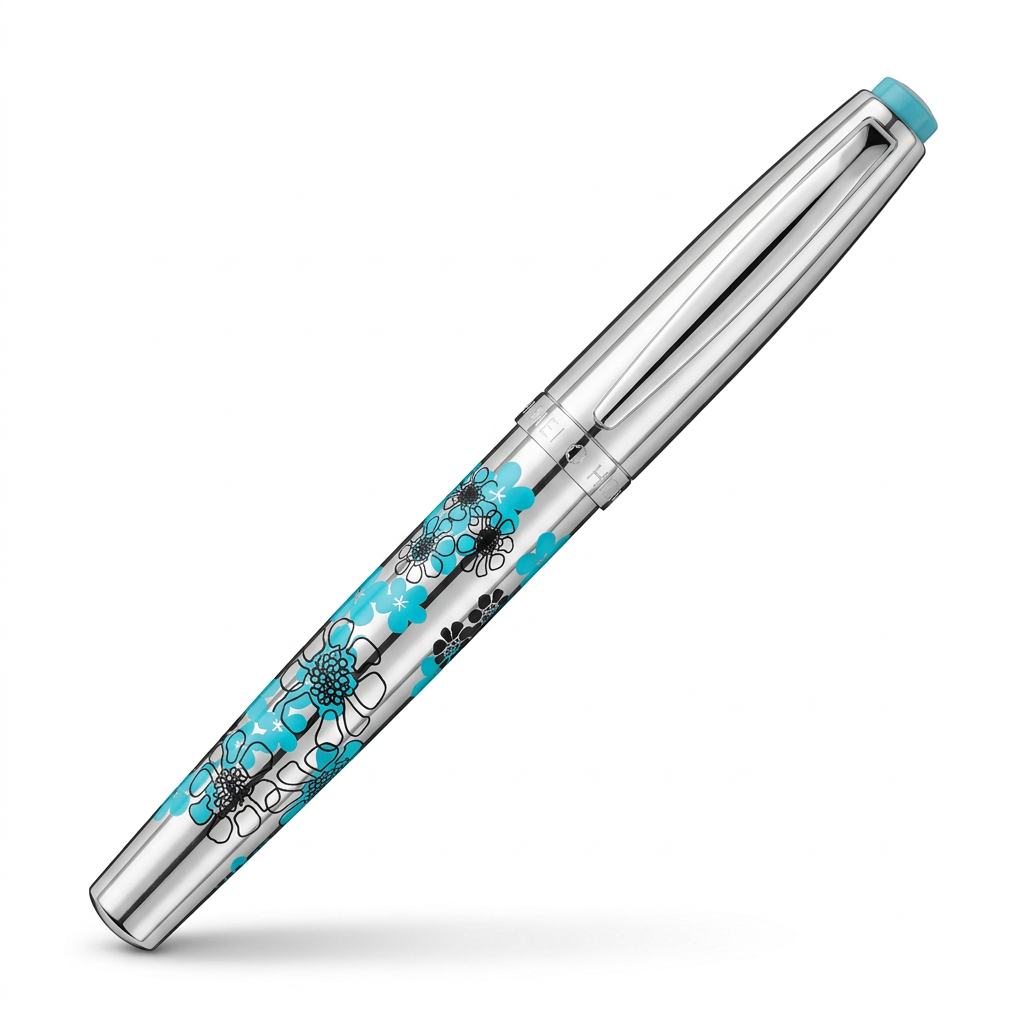 Stylo plume Hechter Paris HELIOS chromé fleurs turquoise SD100131A fermé sur fond blanc