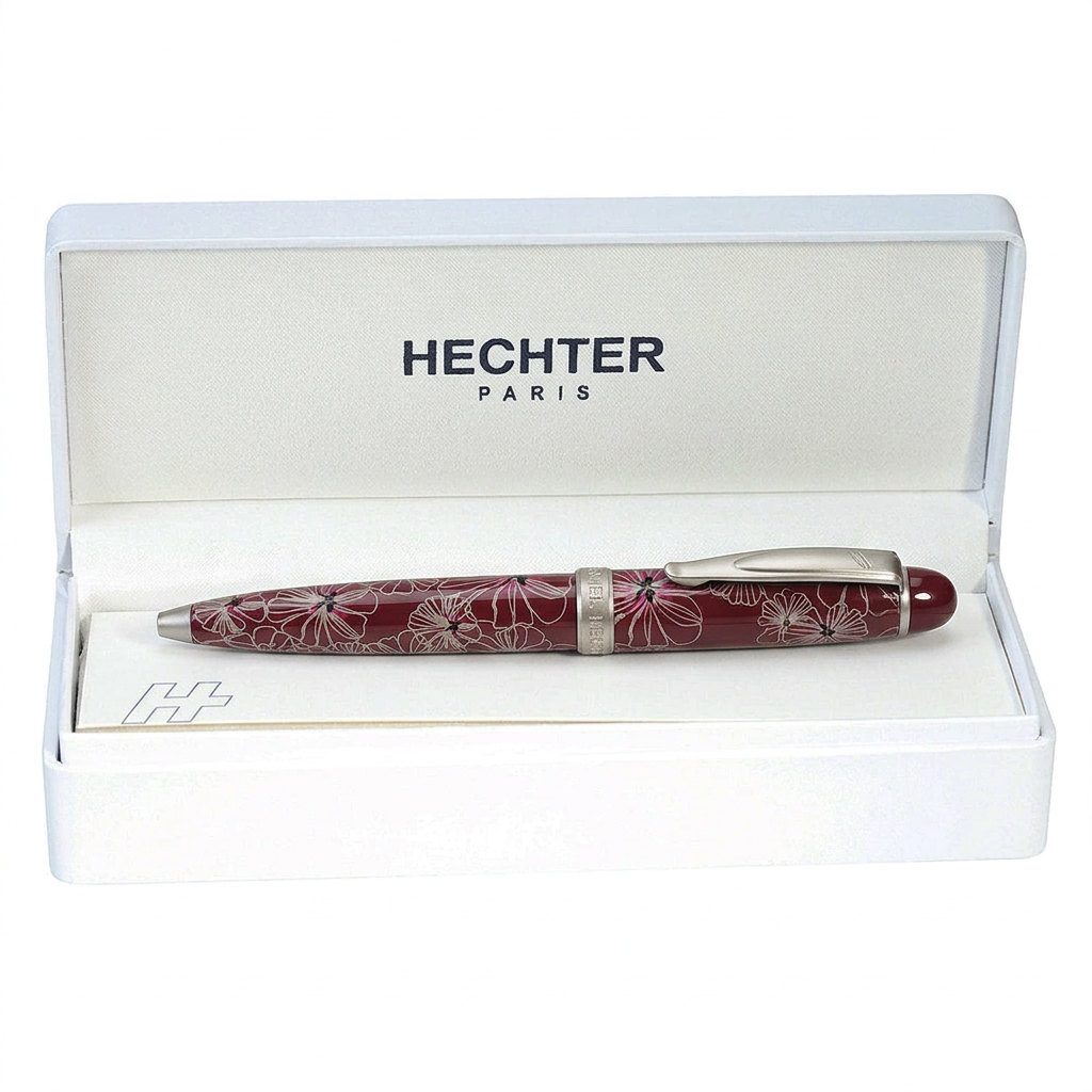 Stylo bille Hechter Paris Mini Alliance Fleurs bordeaux SD270040A dans un écrin blanc, barrette visible