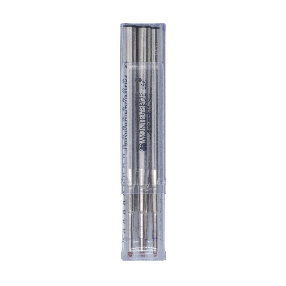 Lot de six recharges Monteverde compatible Montblanc de couleur noir, vue de face sur fond blanc.
