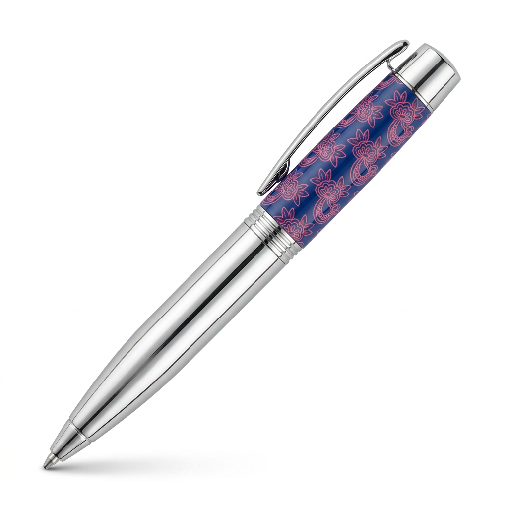 Hechter Paris Stylo Bille Mini Arty Bleu Motifs Cachemire Roses et Chromé