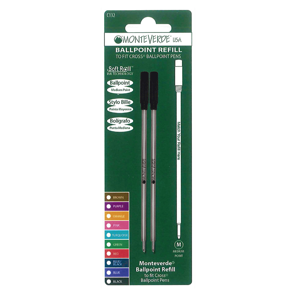 Recharge Monteverde compatible pour stylo bille Cross Noir Moyenne (deux recharges), présentée sous blister de face sur fond blanc.