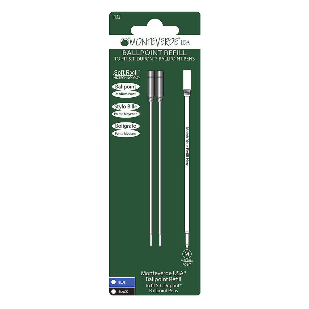 Recharge Monteverde compatible pour stylo bille S.T. Dupont Bleu Moyenne (deux recharges), présentée sous blister de face sur fond blanc.