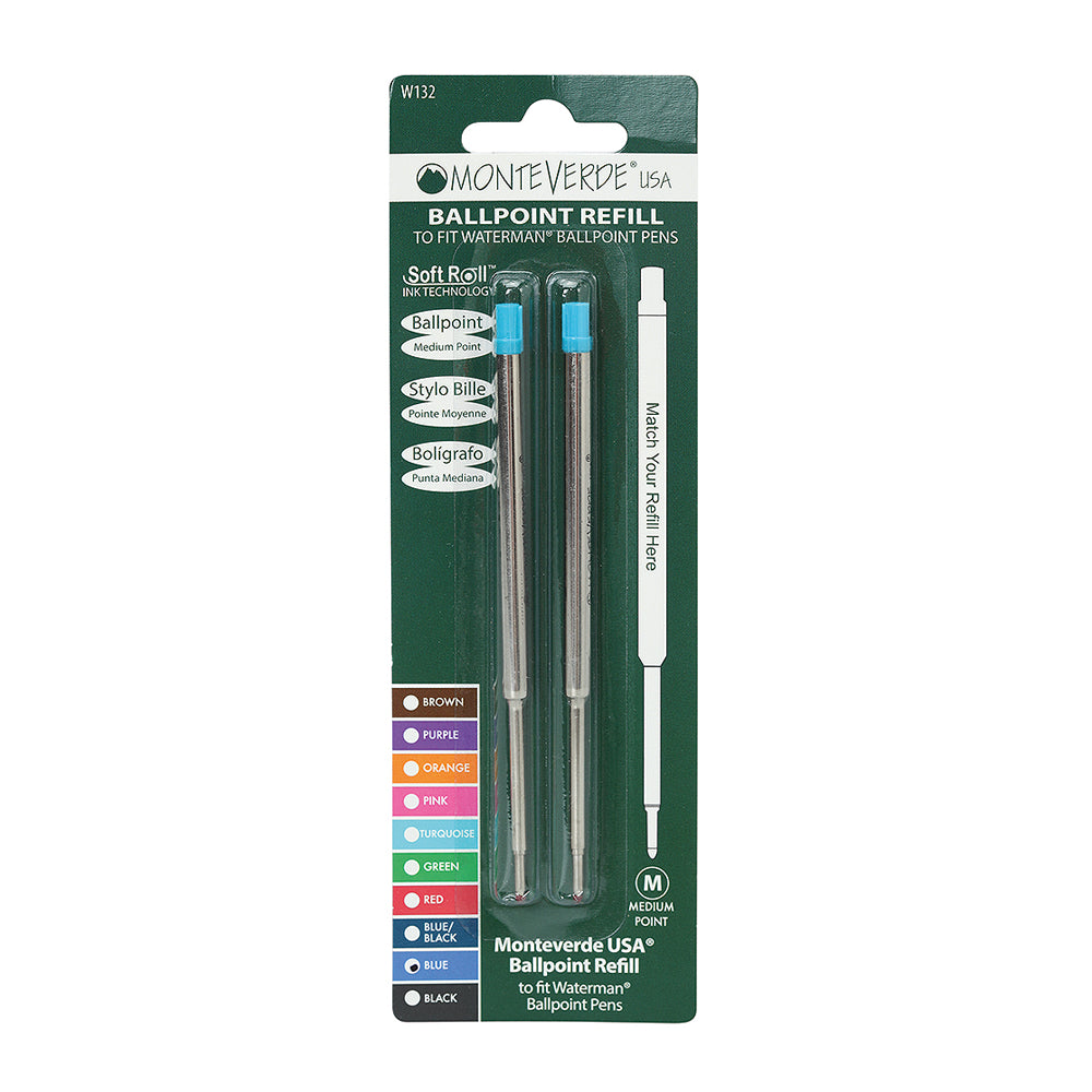 Recharge Monteverde compatible pour stylo bille Waterman Bleu Moyenne (deux recharges), présentée sous blister de face sur fond blanc.