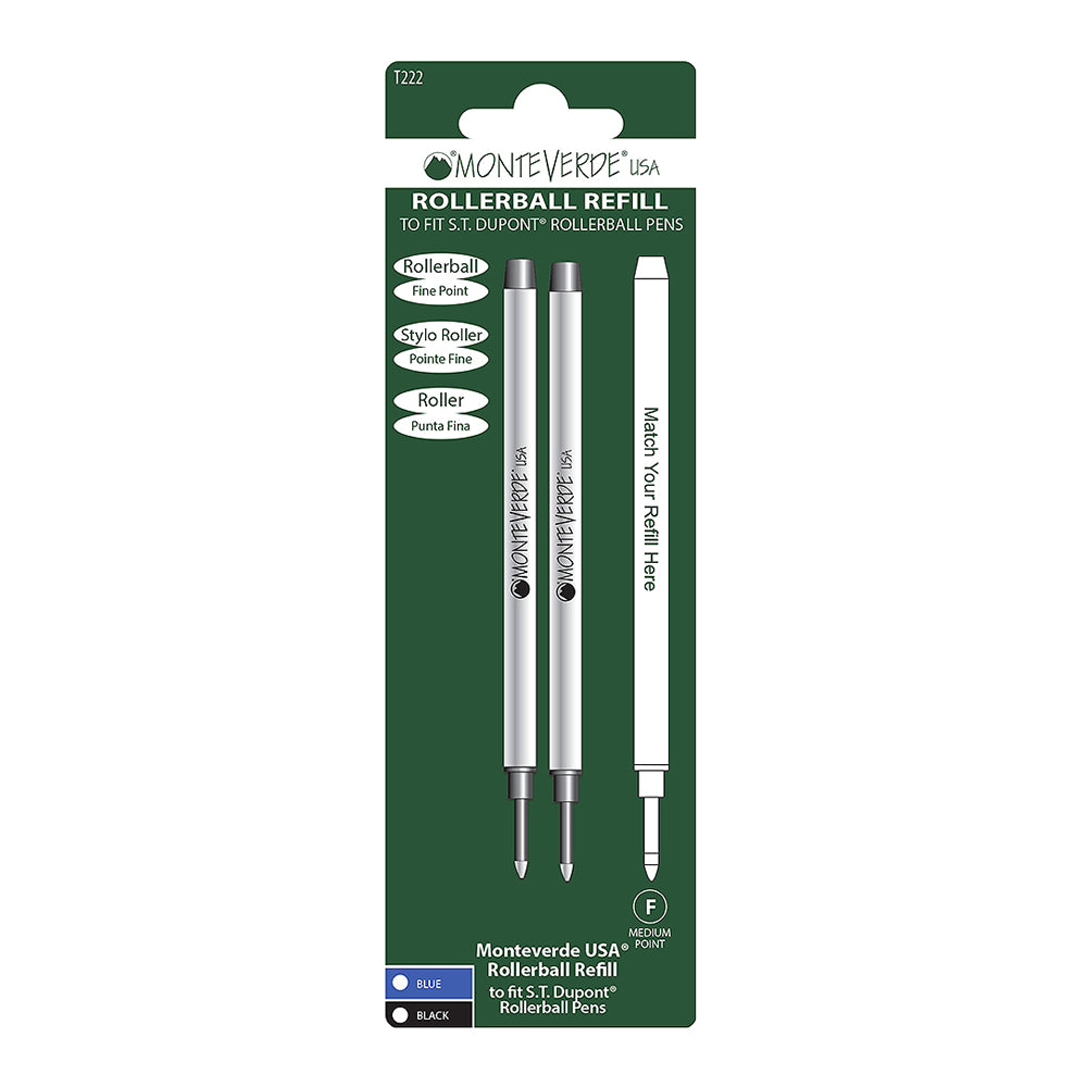 Recharge Monteverde compatible pour stylo roller S.T. Dupont Bleu Fine (deux recharges), présentée sous blister de face sur fond blanc.