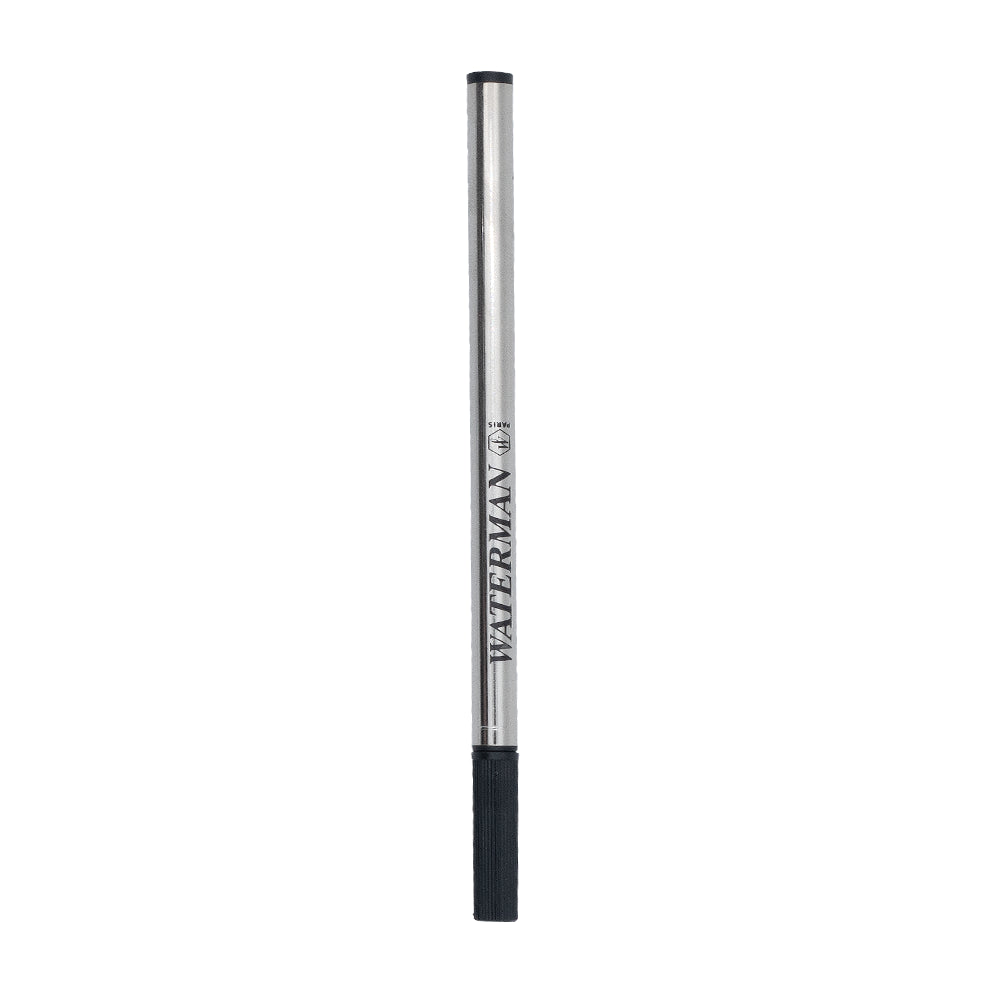 Recharge roller fine de couleur noire Waterman, présentée sur un fond blanc. Offrant une écriture fluide et précise, cette recharge est compatible avec les stylos roller Waterman pour une performance d'écriture élégante et durable.