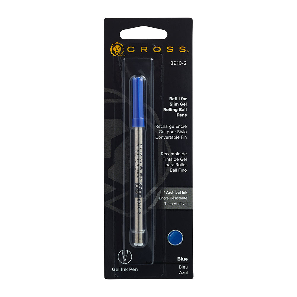 Recharge Roller Gel Slim Cross, couleur bleue, vue de face sur fond blanc.